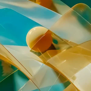 Abstract visualization of a quantum wave function with translucent shapes and glowing energy spheres in teal and amber tones.