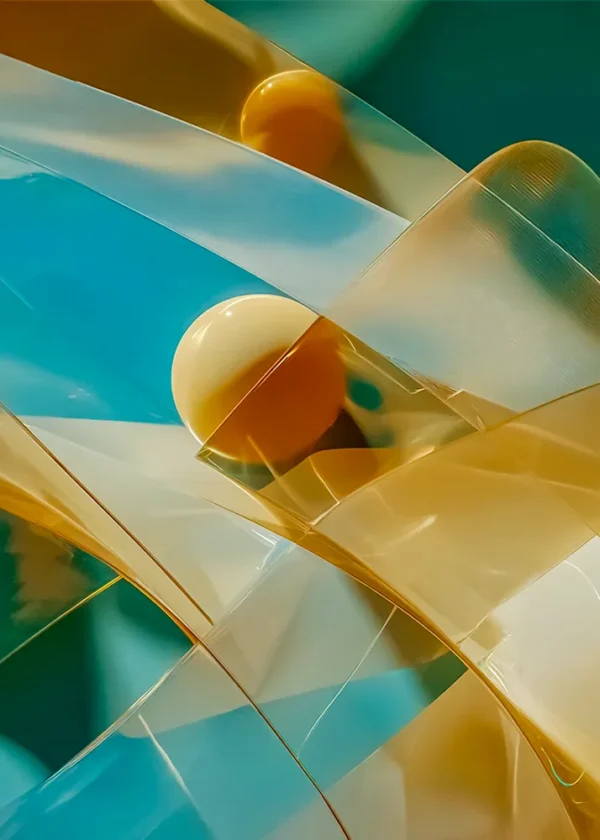 Abstract visualization of a quantum wave function with translucent shapes and glowing energy spheres in teal and amber tones.