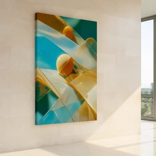 Abstract visualization of a wave function phenomenon with translucent shapes and glowing energy spheres in teal and amber tones.