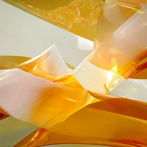 Abstract canvas print titled 'Unbridled Photons at 5PM' showing abstract golden light waves, perfect for modern wall art in public spaces.