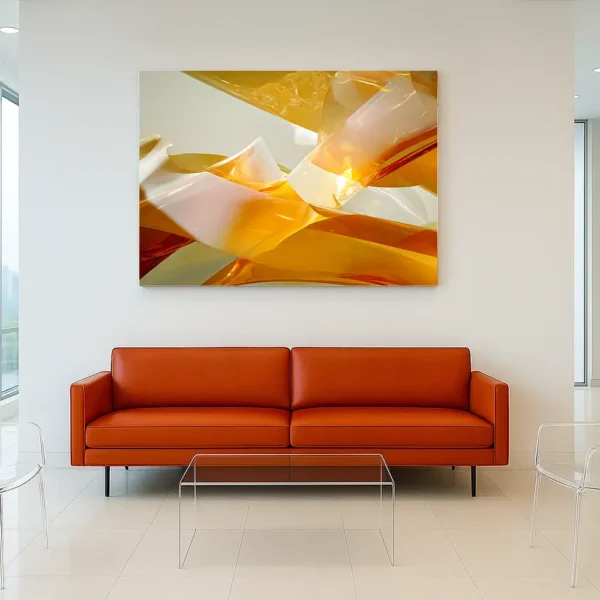 Unbridled Photons at 5PM hanging in a bright modern lobby with a bold orange leather sofa and minimalist glass coffee table.