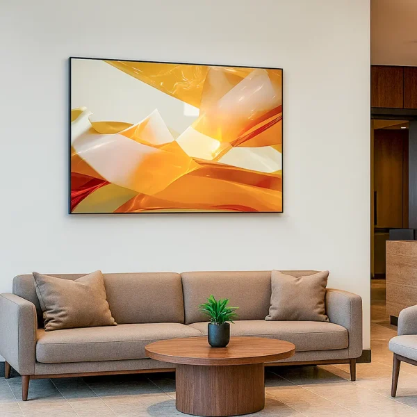Unbridled Photons at 5PM displayed in a modern reception or office lounge, with neutral-toned furniture, soft lighting, and minimal decor.
