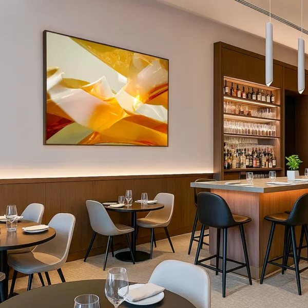 Abstract artwork titled 'Unbridled Photons at 5PM' displayed in a stylish modern restaurant interior with warm wood tones, soft lighting, and elegant bar seating.