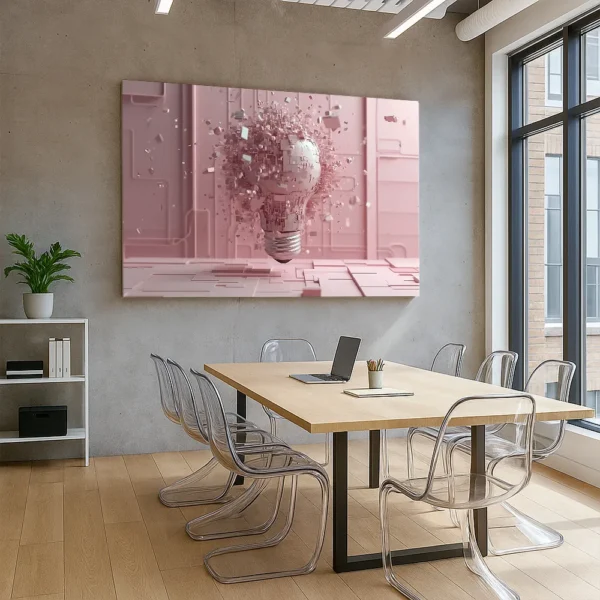 Breaking Theory II artwork displayed in a modern office meeting room with concrete walls, floor-to-ceiling windows, and transparent chairs around a wooden table.