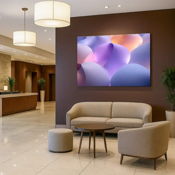 Velvet Buffering canvas print from the Soft Logic Series, displayed in a modern hotel lobby with warm brown walls, cream lounge furniture, and soft ambient lighting.