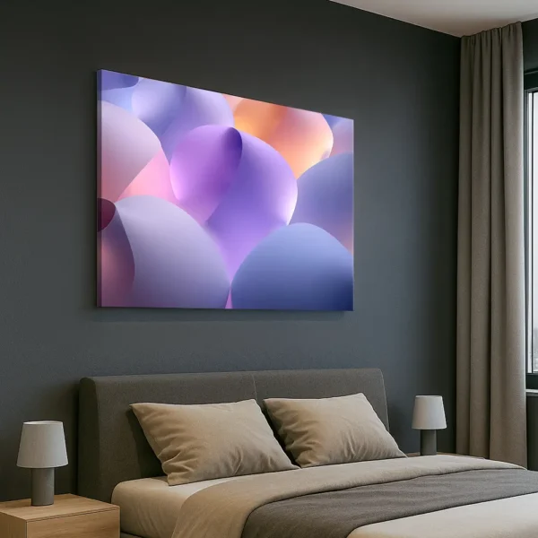 Velvet Buffering wall art from the Soft Logic Series, hanging above a modern bed in a dark-toned bedroom with soft natural light and minimalist decor.