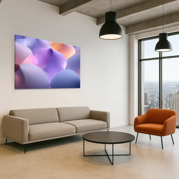 Velvet Buffering artwork from the Soft Logic Series displayed in a modern loft-style living room with city view, neutral sofa, and orange accent chair.