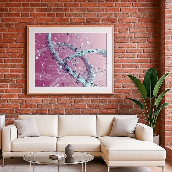 Surreal digital artwork “Floating Syntax” in a wooden frame, displayed in a loft-style living room with exposed brick wall and neutral modern furniture.