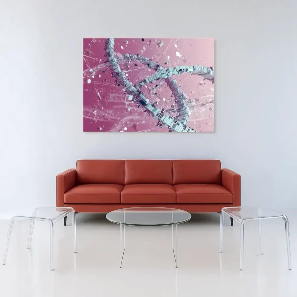 Canvas wall art titled “Floating Syntax” displayed above a modern red leather sofa in a bright minimalist lounge with glass coffee tables.