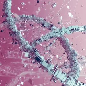 Abstract digital artwork titled "Floating Syntax" featuring a deconstructed helix made of metallic and geometric particles on a pink background. Ideal for modern interiors and tech-inspired wall decor.