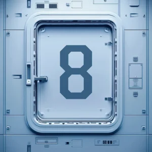 Futuristic metal airlock with the number 8 — minimal sci-fi design titled "Eternity Door", wall art for modern interiors
