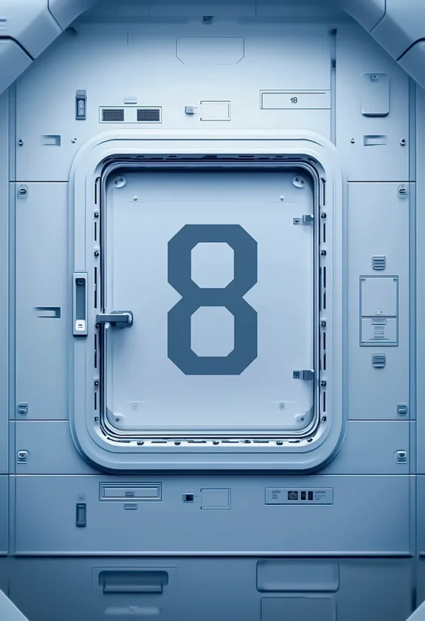 Futuristic metal airlock with the number 8 — minimal sci-fi design titled "Eternity Door", wall art for modern interiors
