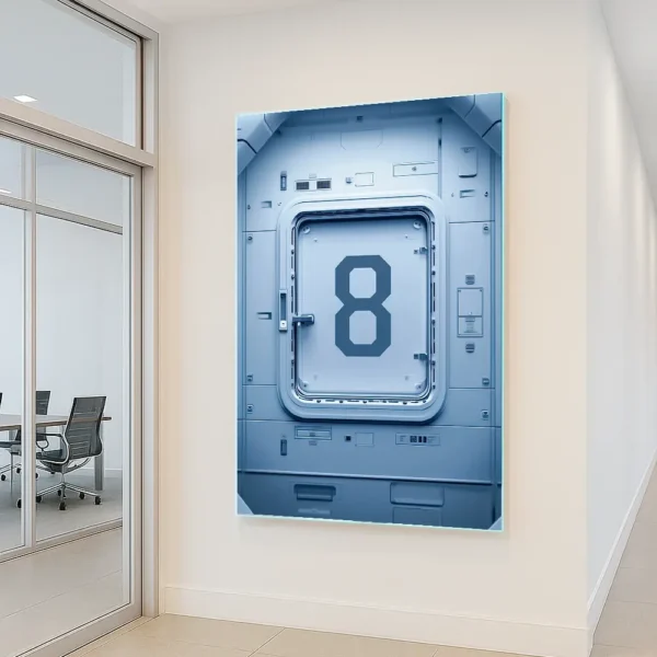 Futuristic wall art titled "0025 — Eternity Door" displayed in a modern office hallway with glass walls and a meeting room.