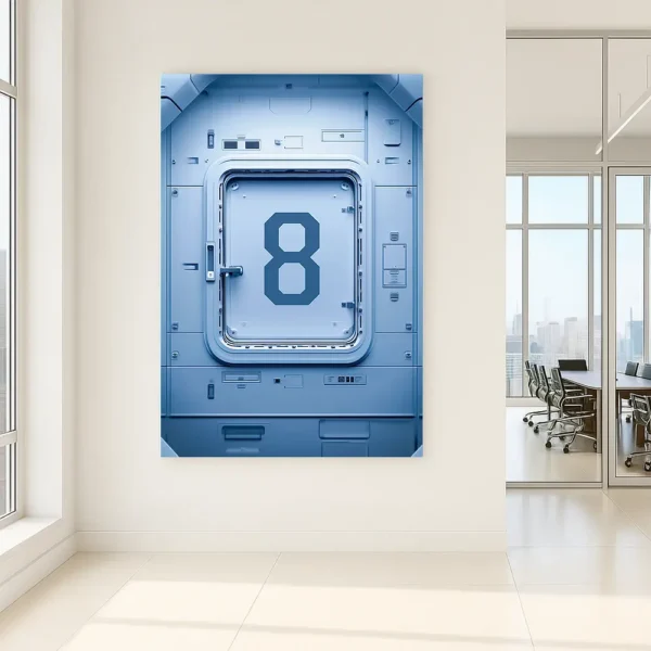 Futuristic wall art titled "0025 — Eternity Door" displayed in a modern office hallway with glass walls and a meeting room.