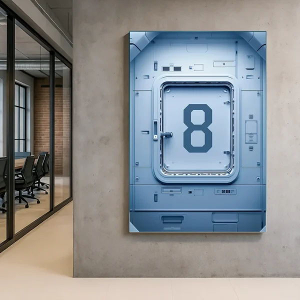 Futuristic canvas artwork “0025 — Eternity Door” displayed in a modern office corridor with exposed concrete walls and glass meeting rooms.