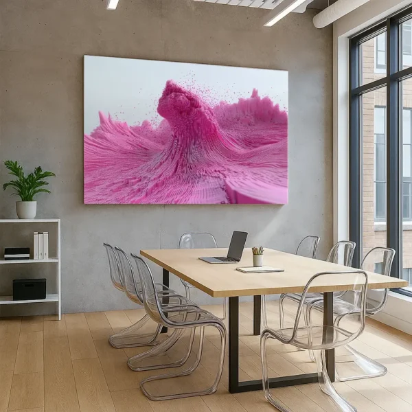 Data Emergence canvas print displayed in a modern creative agency meeting room with concrete walls, wood flooring, and transparent Panton chairs.