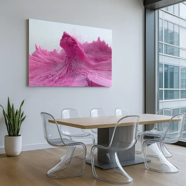 Data Emergence canvas print displayed in a modern creative agency meeting room with concrete walls, wood flooring, and transparent Panton chairs.