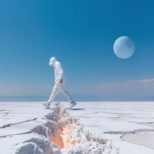 Dystopian wall art titled “0027 — Subicite ea vobis." A person in a white suit walking across a glowing crack in a bleached desert under a pale blue moon — a stark, surreal landscape evoking ecological desolation.
