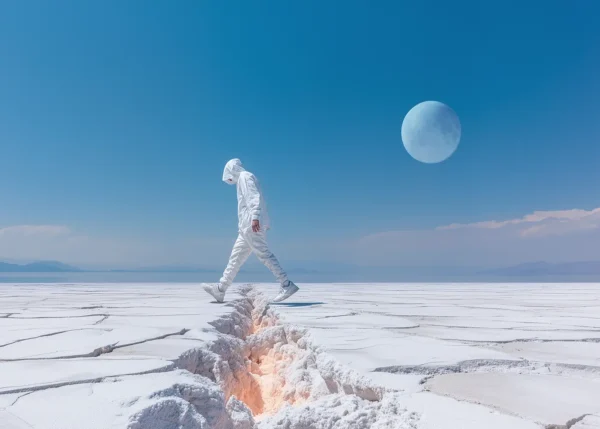 Dystopian wall art titled “0027 — Subicite ea vobis." A person in a white suit walking across a glowing crack in a bleached desert under a pale blue moon — a stark, surreal landscape evoking ecological desolation.