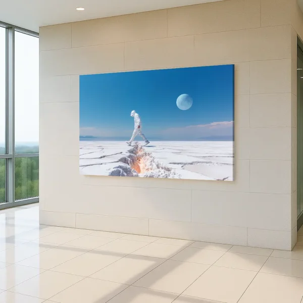 Futuristic wall art titled “0027 — Subicite ea vobis” displayed in a minimalist office interior with floor-to-ceiling windows.