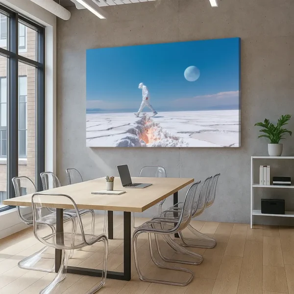 Futuristic wall art titled “0027 — Subicite ea vobis” displayed in a minimalist office interior with floor-to-ceiling windows.