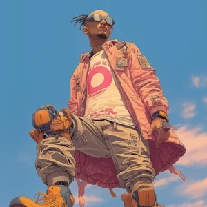 Rebel Never Is Over - Futuristic rebel in cyberpunk streetwear with orange boots and tech gear, looking down with blue sky in background