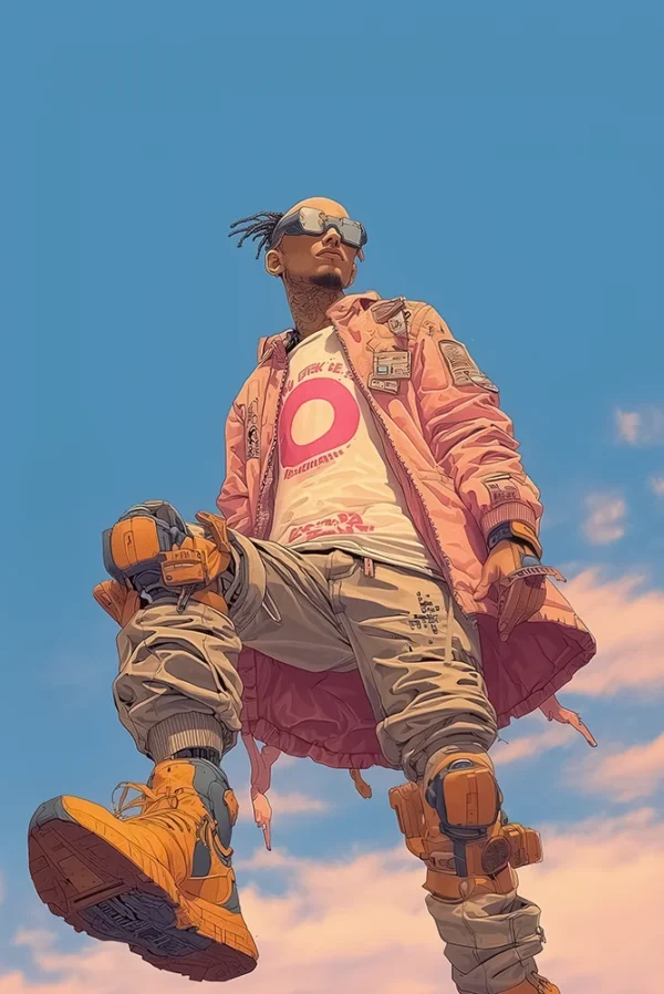 Rebel Never Is Over - Futuristic rebel in cyberpunk streetwear with orange boots and tech gear, looking down with blue sky in background