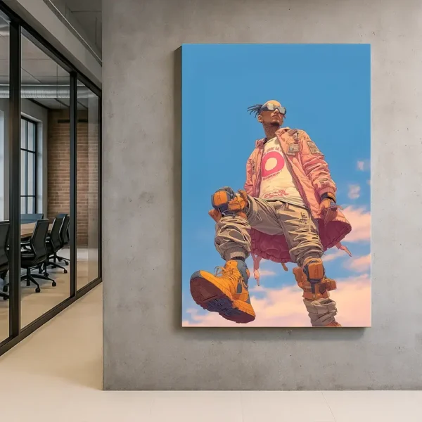 Rebel’s Never Over — Cyberpunk-style canvas art of a futuristic rebel in orange boots, displayed on a concrete wall in a modern office with glass-walled meeting rooms.