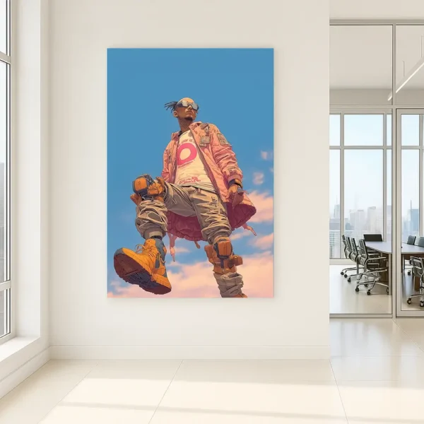 Cyberpunk rebel artwork printed on canvas, displayed in a bright modern office with floor-to-ceiling windows and city view.
