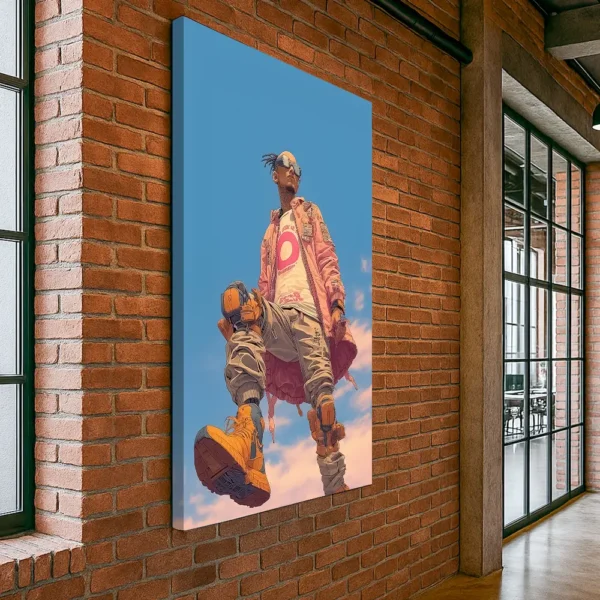Rebel Never is Over — Cyberpunk-style canvas art featuring a futuristic rebel in orange boots and streetwear, displayed in a modern office with exposed brick walls and industrial windows.