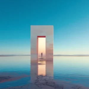 Surreal sci-fi artwork with a lone figure stepping through a glowing rectangular portal over water, titled Event Horizon