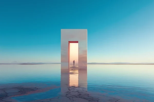 Surreal sci-fi artwork with a lone figure stepping through a glowing rectangular portal over water, titled Event Horizon