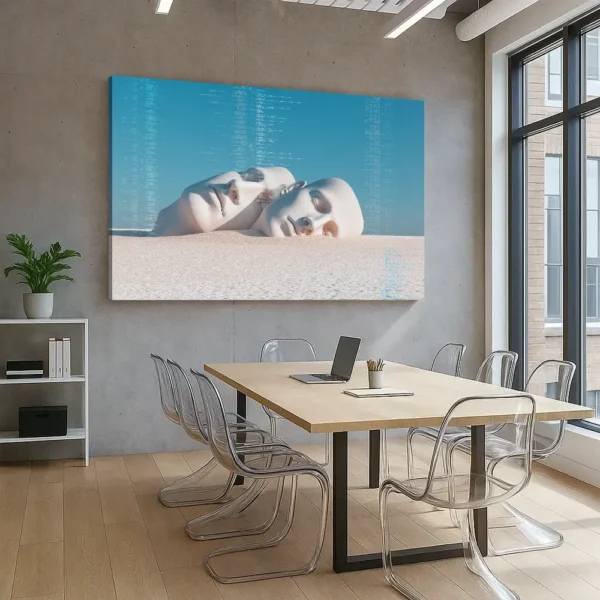 Canvas print Recursive Memories displayed in a modern meeting room with concrete walls and transparent chairs.