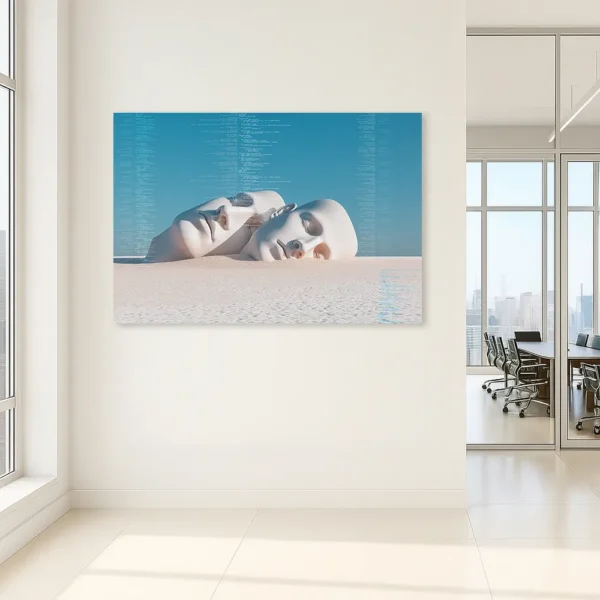 Recursive Memories — surreal AI canvas displayed on a light wall in a bright office interior with city view.