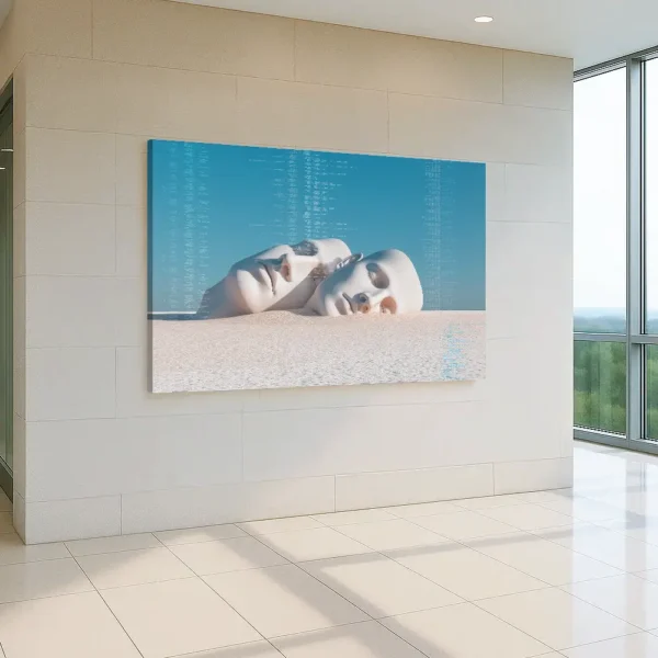 Large canvas print Recursive Memories on a stone wall in a bright modern hallway with floor-to-ceiling windows.