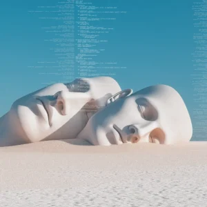 Two oversized white human faces lie half-buried in a digital desert, with floating code strings fading into the sky — a surreal AI-inspired composition evoking forgotten memories and synthetic dreams.