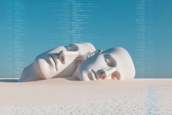 Two oversized white human faces lie half-buried in a digital desert, with floating code strings fading into the sky — a surreal AI-inspired composition evoking forgotten memories and synthetic dreams.