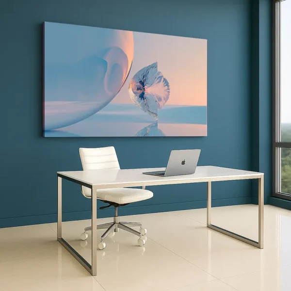 Modern office with a deep blue wall and a large horizontal artwork '0032 Glowing Potentials'.