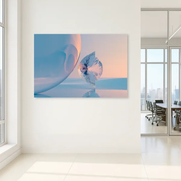 Surreal quantum canvas art titled "Glowing Potentials" displayed in a bright modern office hallway with white walls and natural daylight