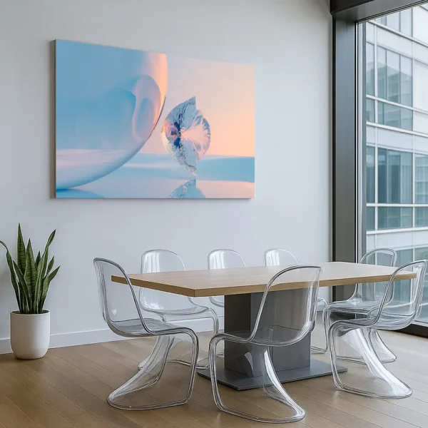 Modern office meeting room with a large surreal canvas print titled "Glowing Potentials" on the wall, featuring abstract quantum forms in soft pastel light