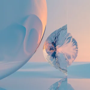 0032 Glowing Potentials - surreal artwork of two abstract forms interacting across space, glowing in pastel light