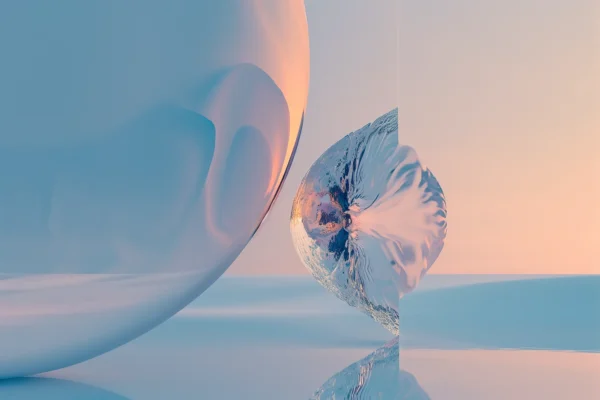 0032 Glowing Potentials - surreal artwork of two abstract forms interacting across space, glowing in pastel light