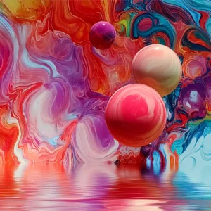 0016 Reality Construct – Vibrant psychedelic print featuring swirling liquid abstraction of colors and spheres over reflective surface, illustrating quantum color perception.