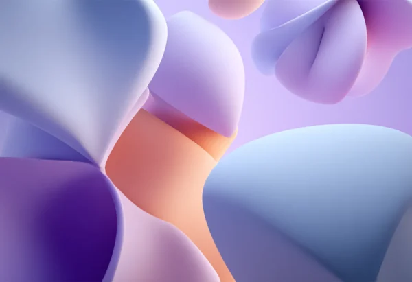 Soft Wear — Abstract 3D rendering of smooth pastel organic shapes in lilac, peach, and cyan — soft, surreal, futuristic interior wall art.