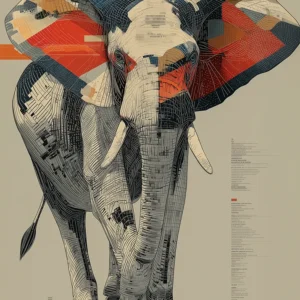 Surreal poster of a walking elephant with wings patterned like data circuits and butterfly colors, abstract wall art titled 'Butterfly Effect'