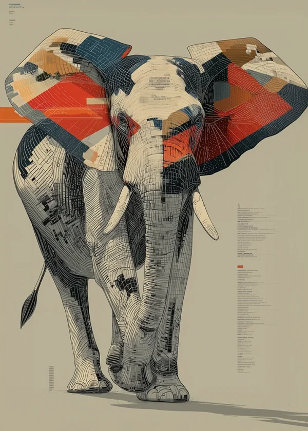 Surreal poster of a walking elephant with wings patterned like data circuits and butterfly colors, abstract wall art titled 'Butterfly Effect'