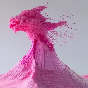 Data Volcano digital sculpture of pixel explosion in pink and gray, rendered as a dynamic big data voxel wave print.