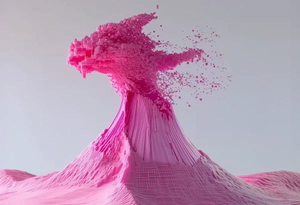 Data Volcano digital sculpture of pixel explosion in pink and gray, rendered as a dynamic big data voxel wave print.