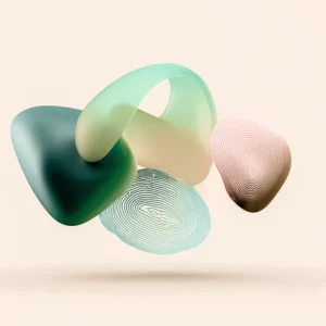 0019 Touch ID - Abstract pastel artwork with fingerprint patterns and fluid 3D shapes symbolizing digital identity and Touch ID technology.