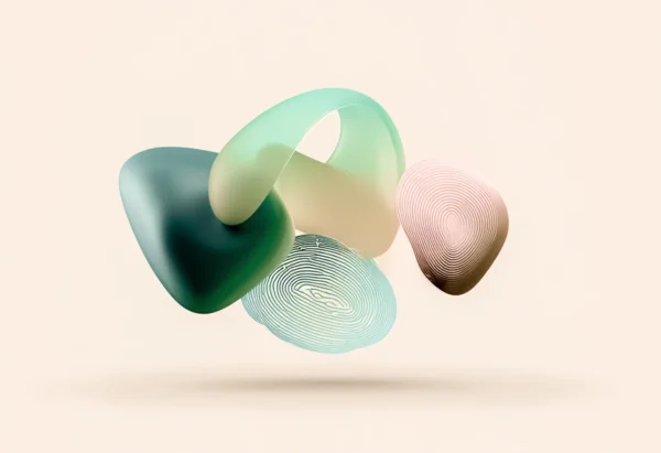 0019 Touch ID - Abstract pastel artwork with fingerprint patterns and fluid 3D shapes symbolizing digital identity and Touch ID technology.